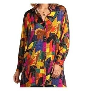Galinda Wang Button Down Shirt Womens 14W Pop Art Silk Long Sleeve Oversized
